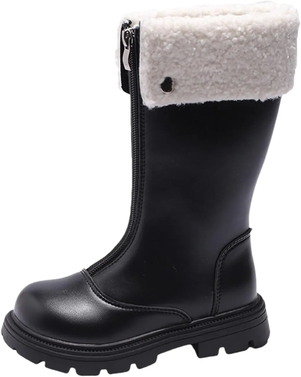 Girls Kids Leather 𝐖aterproof Boots Long Zipper Fuzzy Snow Shoes Outdoor Warm Thick Rubber Booties Comfy Sole Non Slip