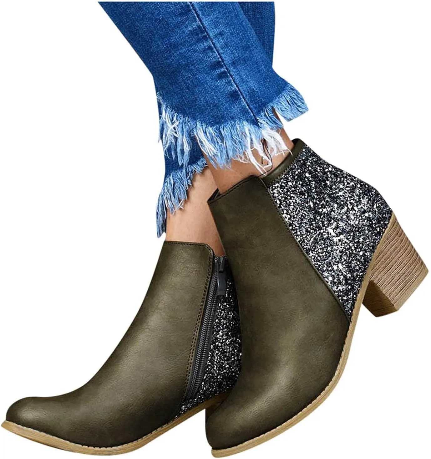 Glitter Leather Boots for Women Fashion Pointed Toe Side Zipper Square Heel Chunky Ankle Boots Winter Plus Size Casual High Heeled Thick Heel Shoes
