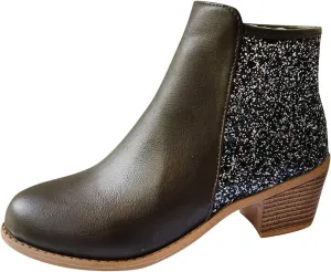 Glitter Leather Boots for Women Fashion Pointed Toe Side Zipper Square Heel Chunky Ankle Boots Winter Plus Size Casual High Heeled Thick Heel Shoes