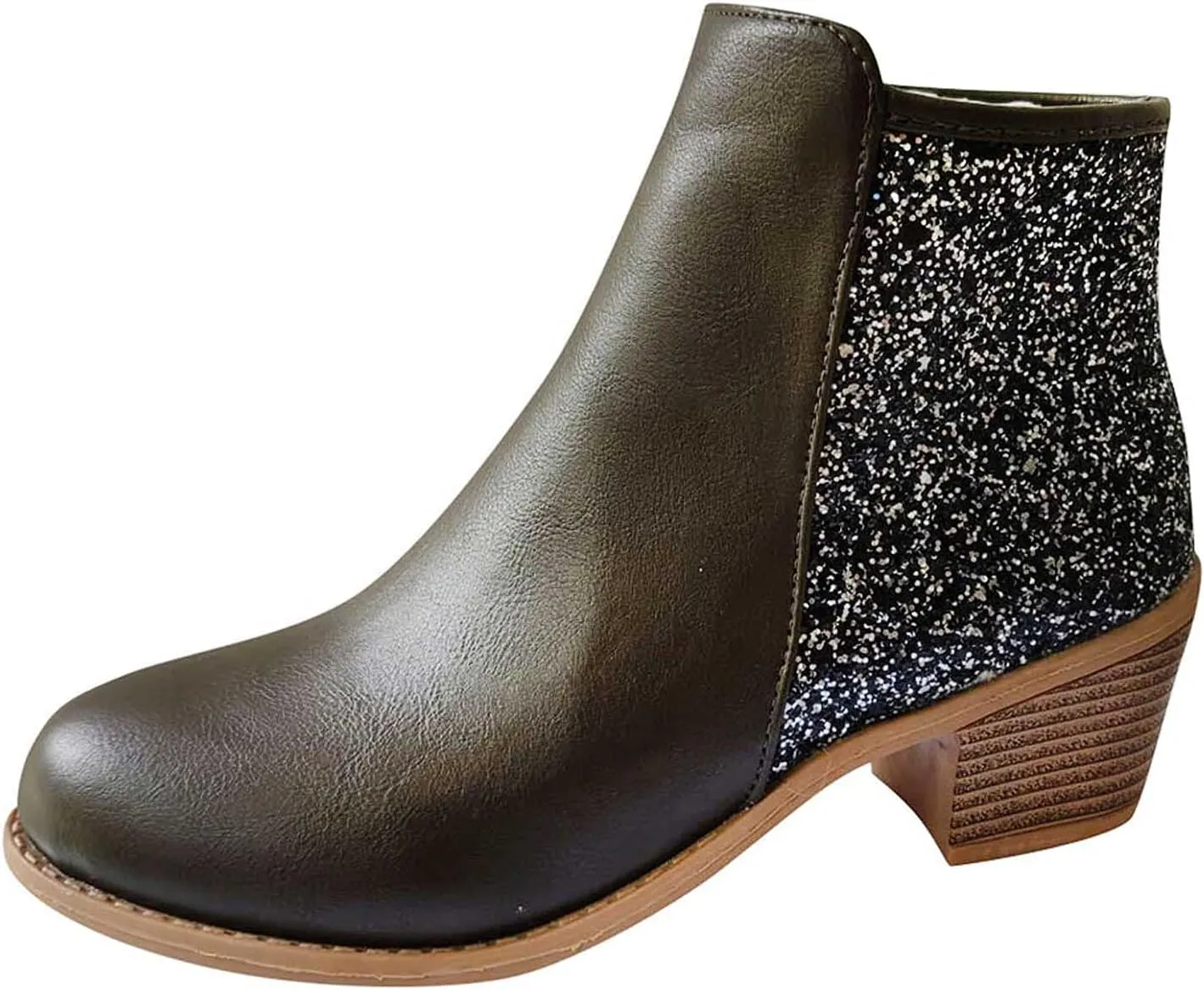 Glitter Leather Boots for Women Fashion Pointed Toe Side Zipper Square Heel Chunky Ankle Boots Winter Plus Size Casual High Heeled Thick Heel Shoes
