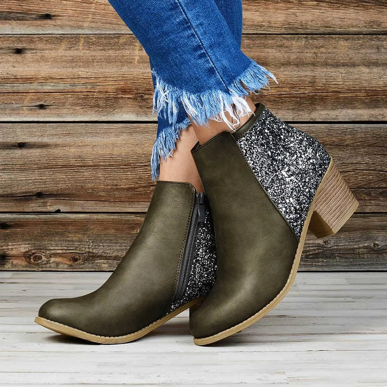 Glitter Leather Boots for Women Fashion Pointed Toe Side Zipper Square Heel Chunky Ankle Boots Winter Plus Size Casual High Heeled Thick Heel Shoes