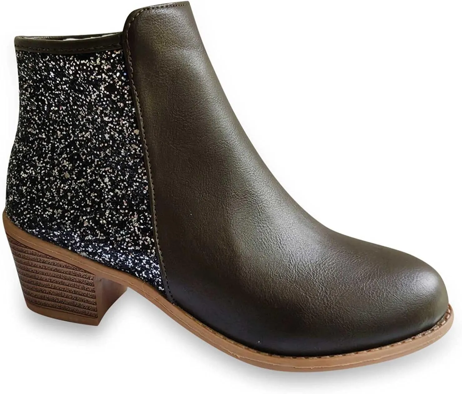 Glitter Leather Boots for Women Fashion Pointed Toe Side Zipper Square Heel Chunky Ankle Boots Winter Plus Size Casual High Heeled Thick Heel Shoes
