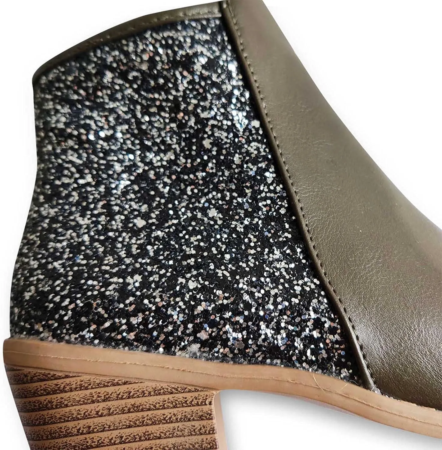 Glitter Leather Boots for Women Fashion Pointed Toe Side Zipper Square Heel Chunky Ankle Boots Winter Plus Size Casual High Heeled Thick Heel Shoes
