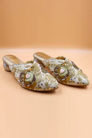 Gold Rexine Zardosi Work Mules