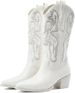 GOSERCE Cowboy Boots for Women - Metallic Mid Calf Cowgirl Boots with Embroidery Sparkly Western Wide Calf Short Boots Fashion Pull on Pointy Toe Chunky Stacked Heel 2.5"