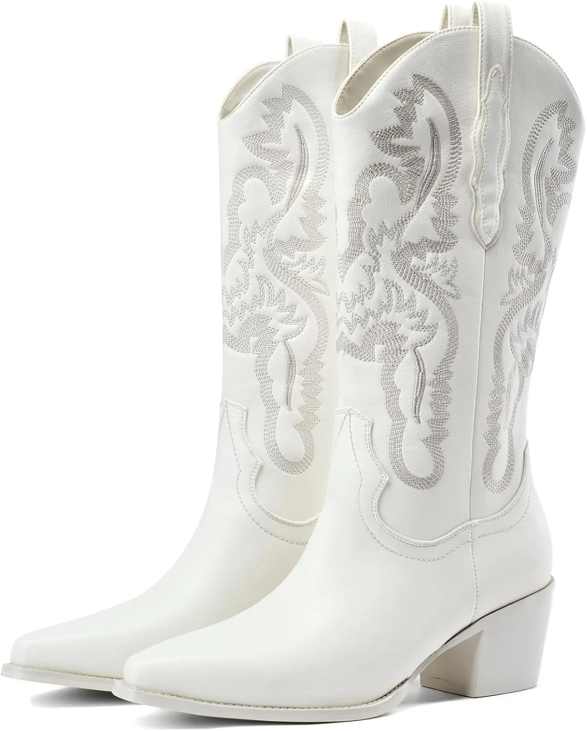 GOSERCE Cowboy Boots for Women - Metallic Mid Calf Cowgirl Boots with Embroidery Sparkly Western Wide Calf Short Boots Fashion Pull on Pointy Toe Chunky Stacked Heel 2.5"