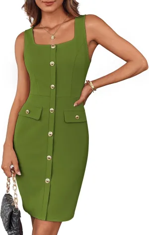 GRACE KARIN 2025 Women's Buttons Belted Square Neck Business Work Dress Sleeveless Bodycon Midi Dress