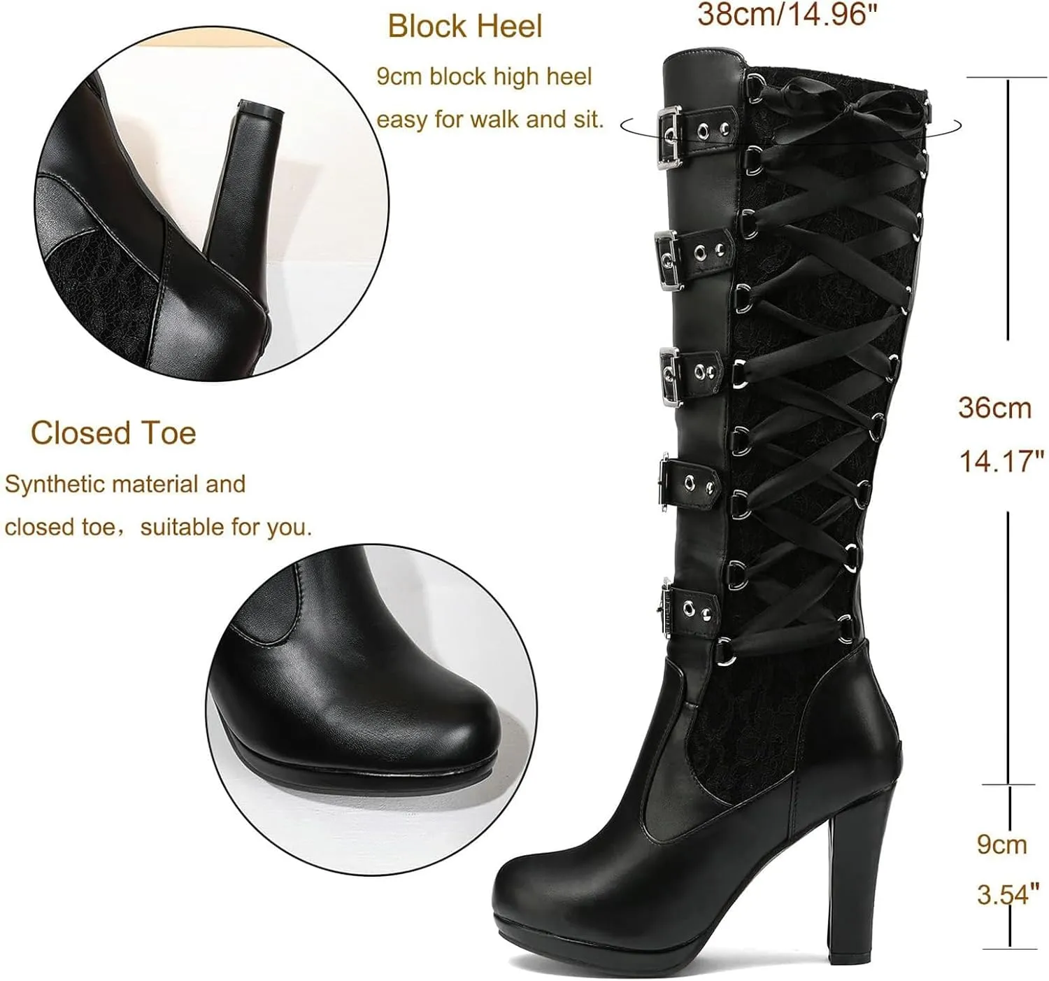 GUNIYIFS Women Lace Knee High Boots Buckle High Heel Knee Boots Lace Up Punk Platform Back Zipper Riding Goth Combat Bootie