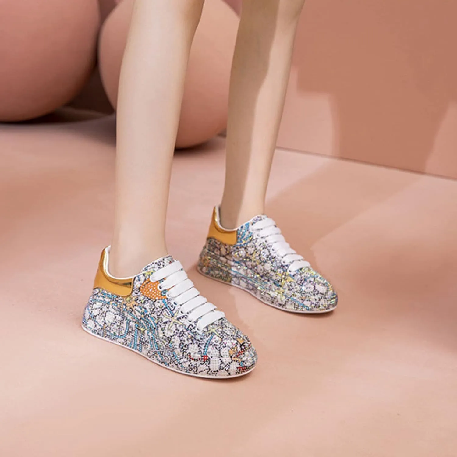 GUOANFG Crystal Sneakers Women High Fashion Sports Shoes Platform Sneakers Flats Rhinestone Shoes,Silver-35 EU