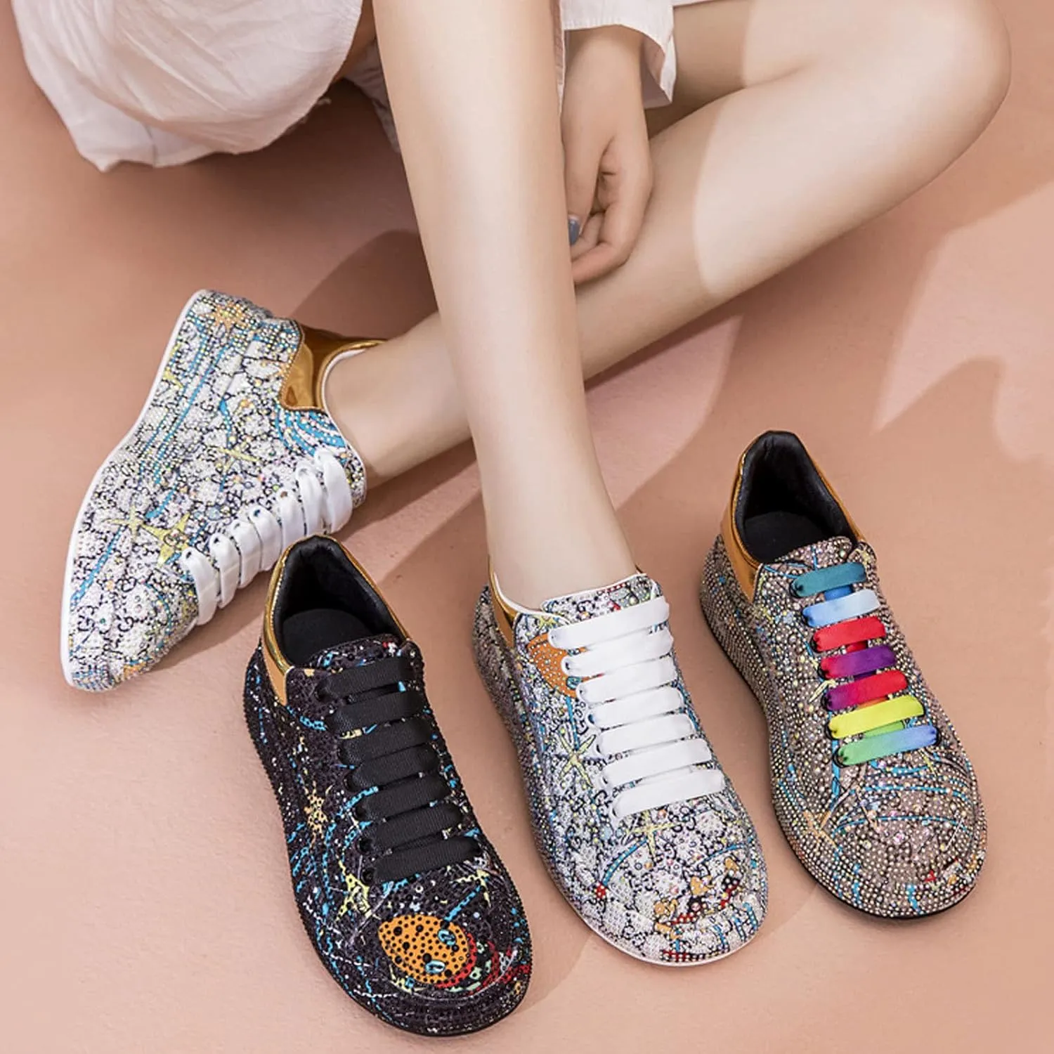 GUOANFG Crystal Sneakers Women High Fashion Sports Shoes Platform Sneakers Flats Rhinestone Shoes,Silver-35 EU