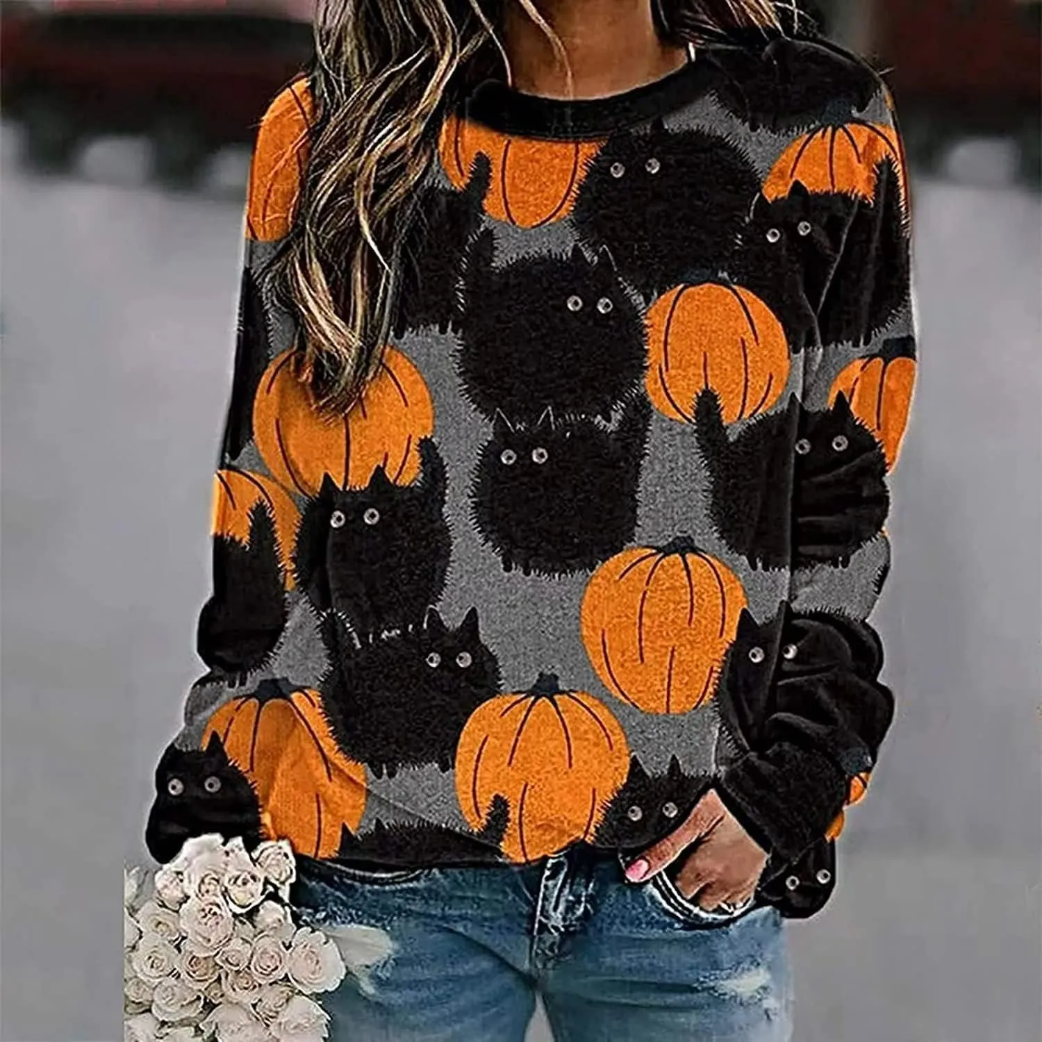 Halloween Pumpkin Sweatshirt Crewneck Pullover - Animal Cat Bat Print Casual Loose Long Sleeve Tops Shirts