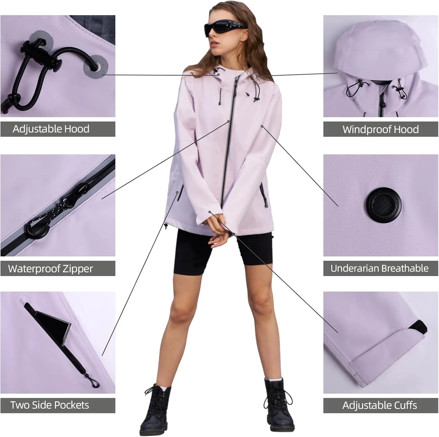 HALO RAIN Rain Jacket for Women Waterproof Lightweight Hooded Raincoat with Pocket Windbreaker Jacket for Mountain Hiking