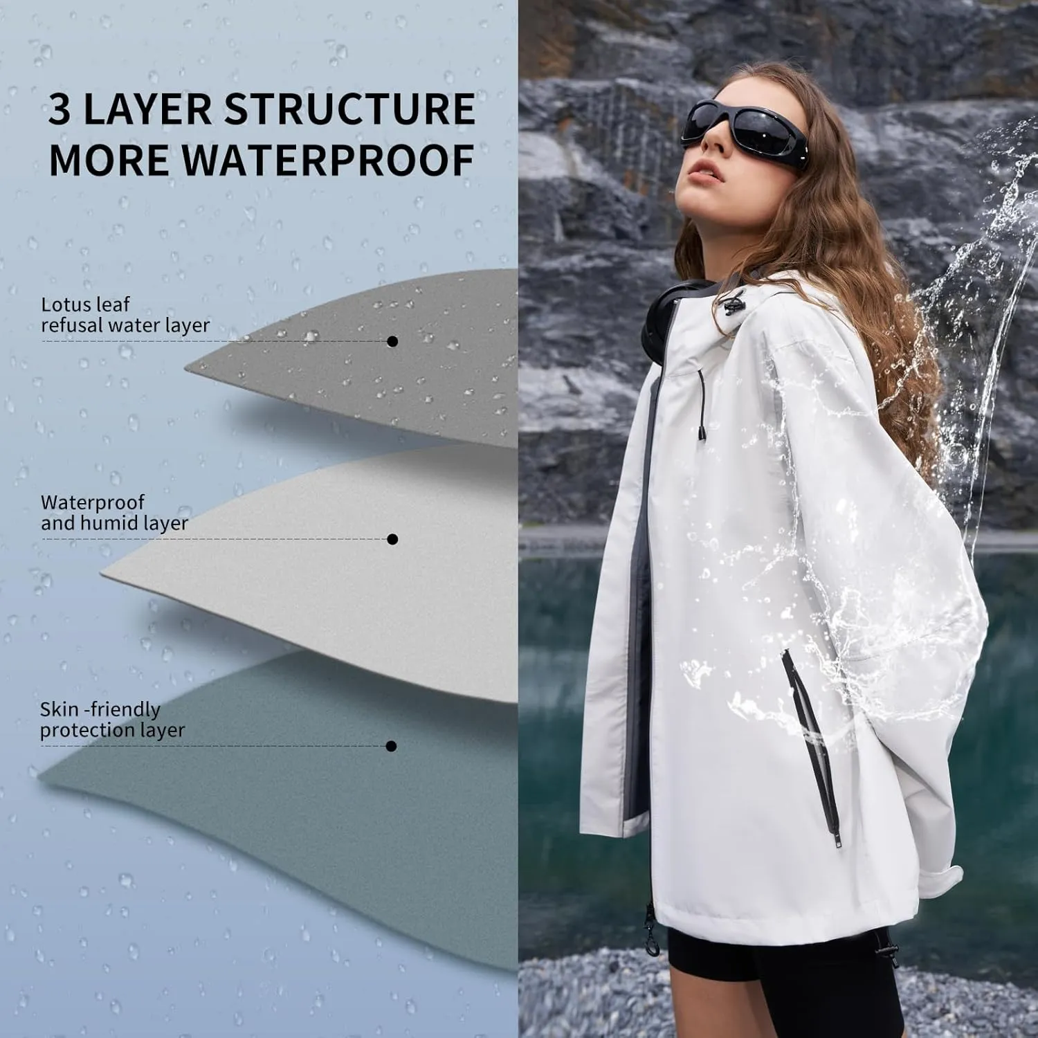 HALO RAIN Rain Jacket for Women Waterproof Lightweight Hooded Raincoat with Pocket Windbreaker Jacket for Mountain Hiking