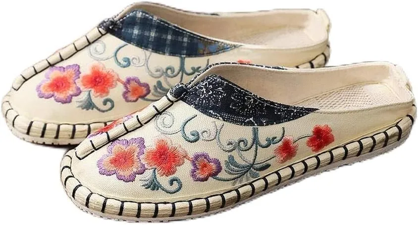 Handmade Embroidered Shoes Women Floral Embroidered Shoes Flat Canvas Espadrilles Retro Japanese Style Slippers Women Summer Closed Toe Shoes