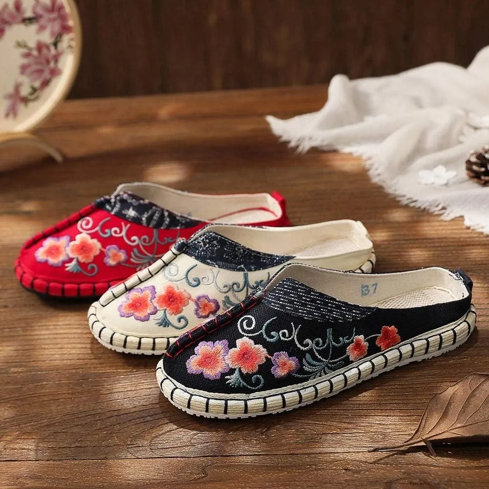 Handmade Embroidered Shoes Women Floral Embroidered Shoes Flat Canvas Espadrilles Retro Japanese Style Slippers Women Summer Closed Toe Shoes