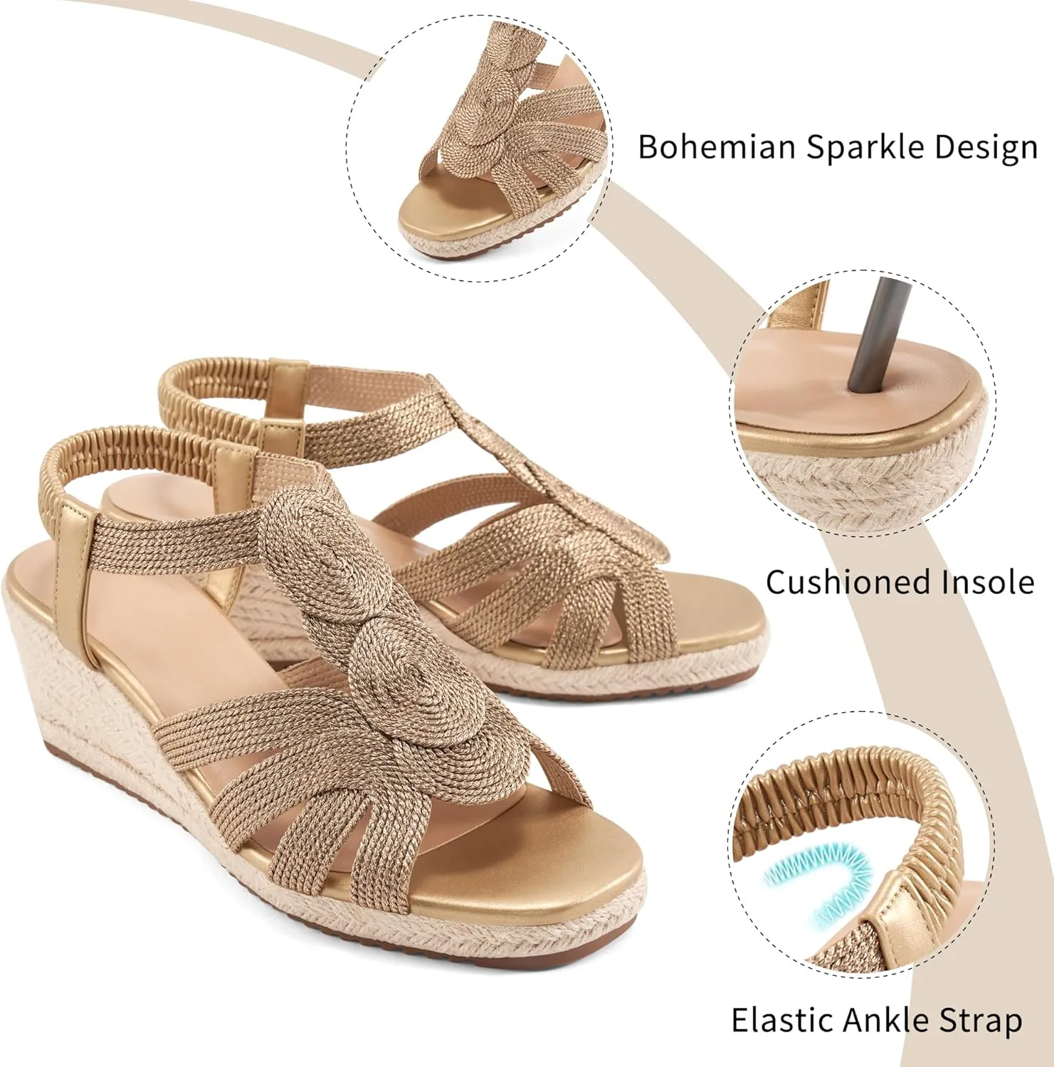 HARENCE Wedge Sandals for Women Espadrilles: Comfortable Platform Elastic Ankle Strap Wedges Heels Dressy Open Toe Summer Wedding Shoes