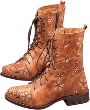 Hbeylia Combat Boots For Women Ethnic Vintage Flower Design Lace Up Leather Chunky Block Mid Heels Ankle Booties Boho Retro Casual Round Toe Dress Mid Calf Short Riding Boots Winter Fall Decor