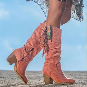 Hbeylia Cowboy Boots For Women Ethnic Vintage Boho Tassel Chunky Mid Heels Knee High Western Cowgirls Boots Retro Bohemian Ruched Wide Mid Calf Tall Boots With Side Zipper And Beads