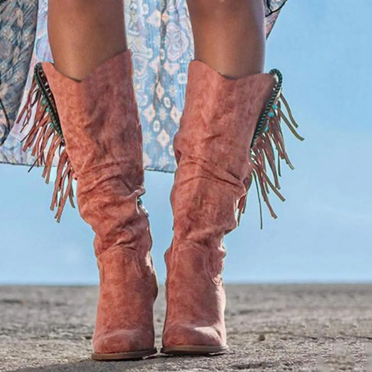 Hbeylia Cowboy Boots For Women Ethnic Vintage Boho Tassel Chunky Mid Heels Knee High Western Cowgirls Boots Retro Bohemian Ruched Wide Mid Calf Tall Boots With Side Zipper And Beads