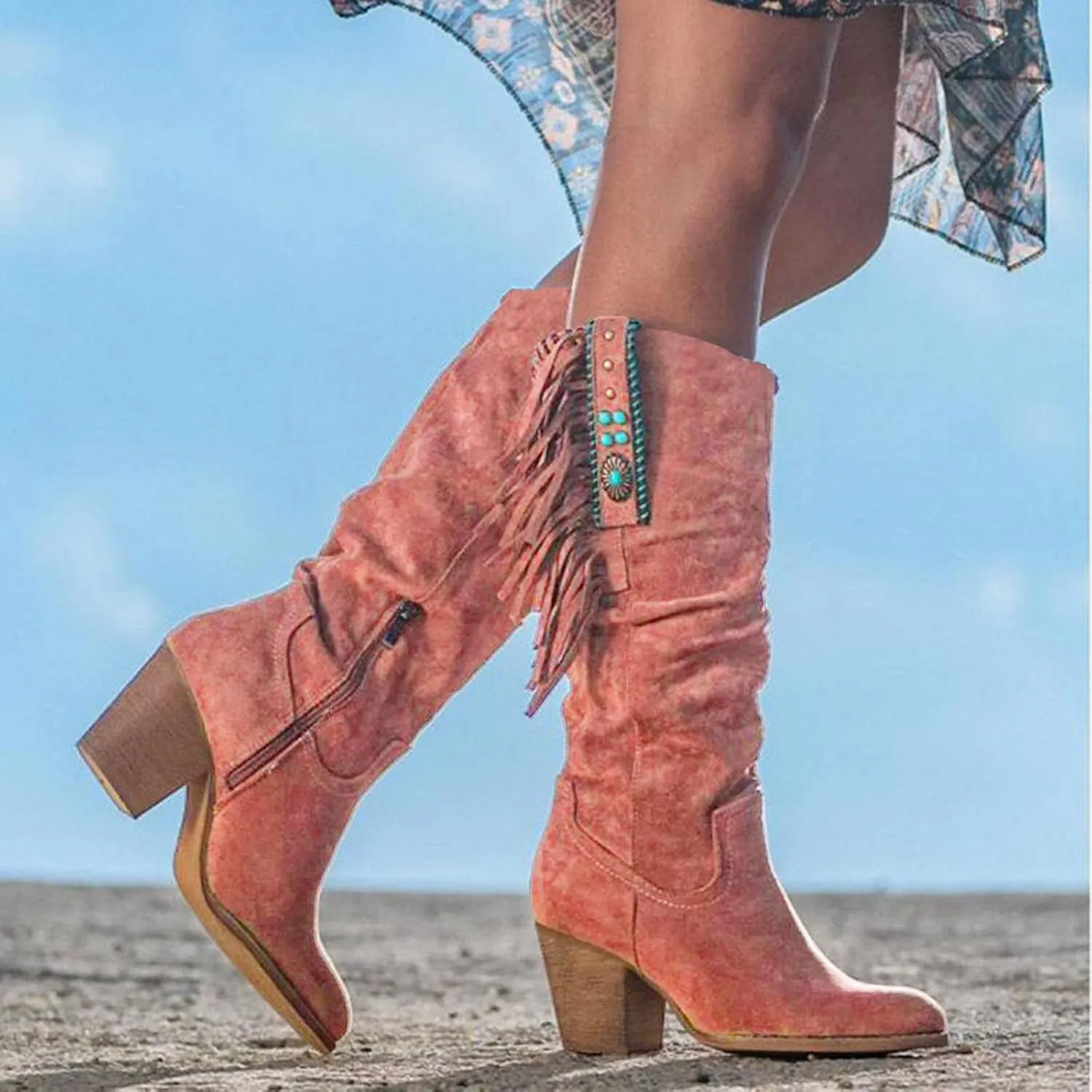 Hbeylia Cowboy Boots For Women Ethnic Vintage Boho Tassel Chunky Mid Heels Knee High Western Cowgirls Boots Retro Bohemian Ruched Wide Mid Calf Tall Boots With Side Zipper And Beads