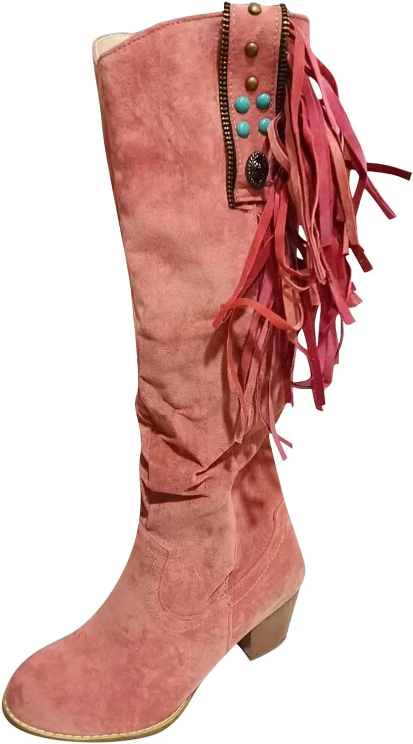 Hbeylia Cowboy Boots For Women Ethnic Vintage Boho Tassel Chunky Mid Heels Knee High Western Cowgirls Boots Retro Bohemian Ruched Wide Mid Calf Tall Boots With Side Zipper And Beads