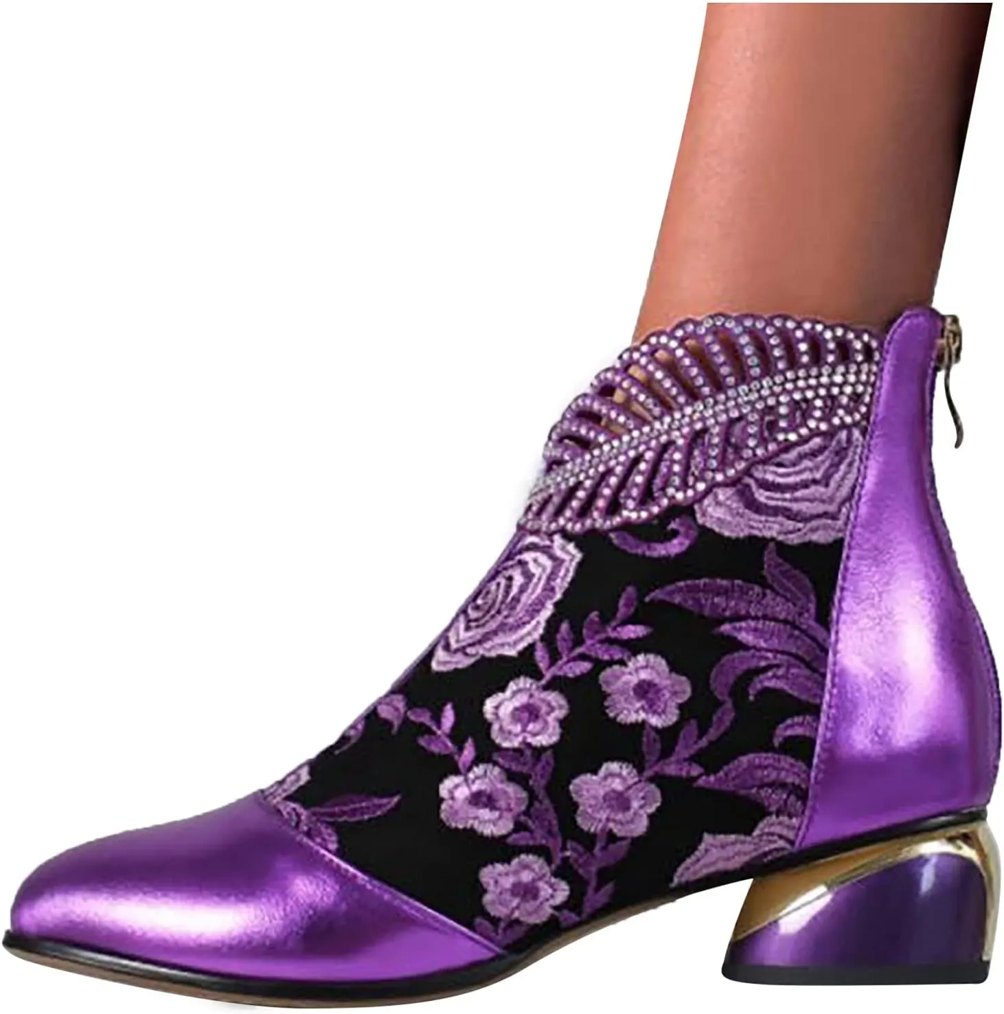 Hbeylia Rhinestones Dress Booties For Women Vintage Ethnic Glitter Crystal Leaf Flower Embroidered Chunky Low Heel Ankle Boots Zip Up Boho Retro Mid Calf Dressy Boots For Ladies Dancer Wedding Party
