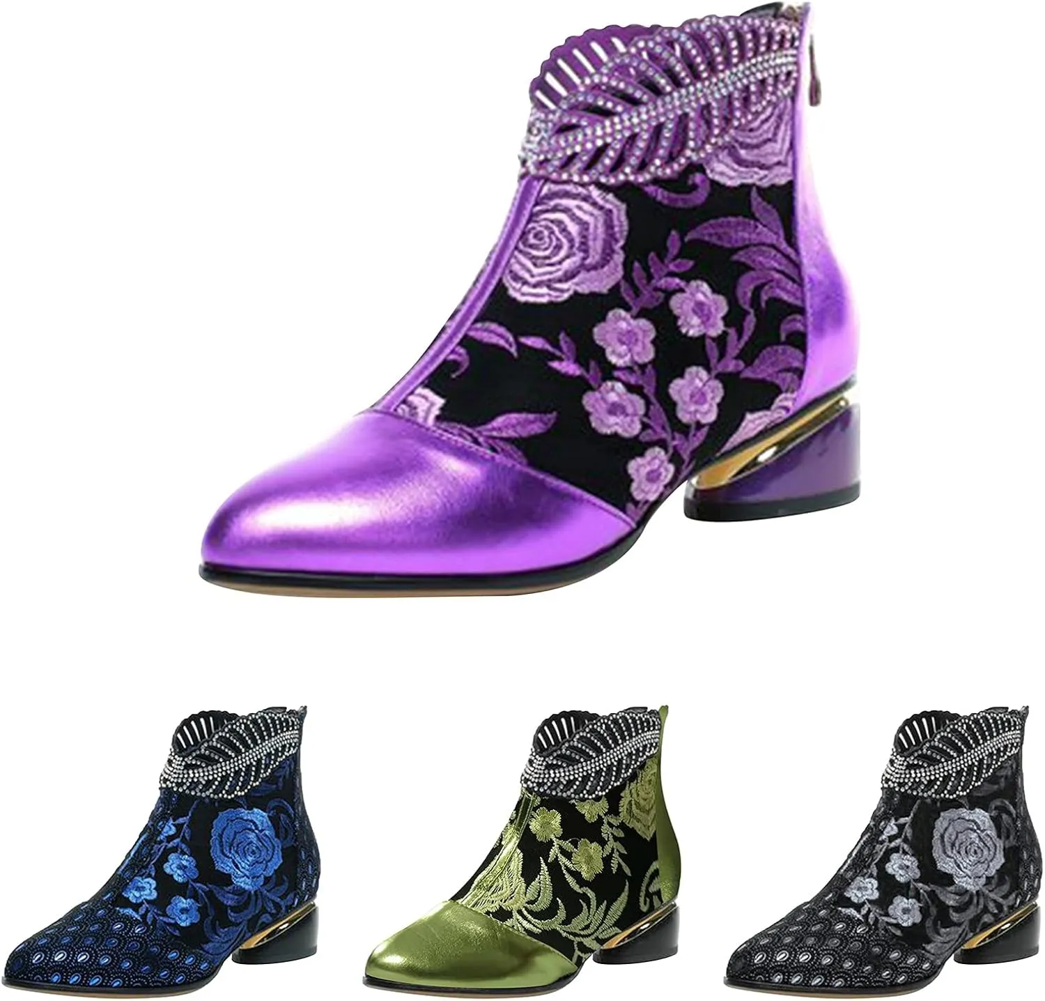Hbeylia Rhinestones Dress Booties For Women Vintage Ethnic Glitter Crystal Leaf Flower Embroidered Chunky Low Heel Ankle Boots Zip Up Boho Retro Mid Calf Dressy Boots For Ladies Dancer Wedding Party