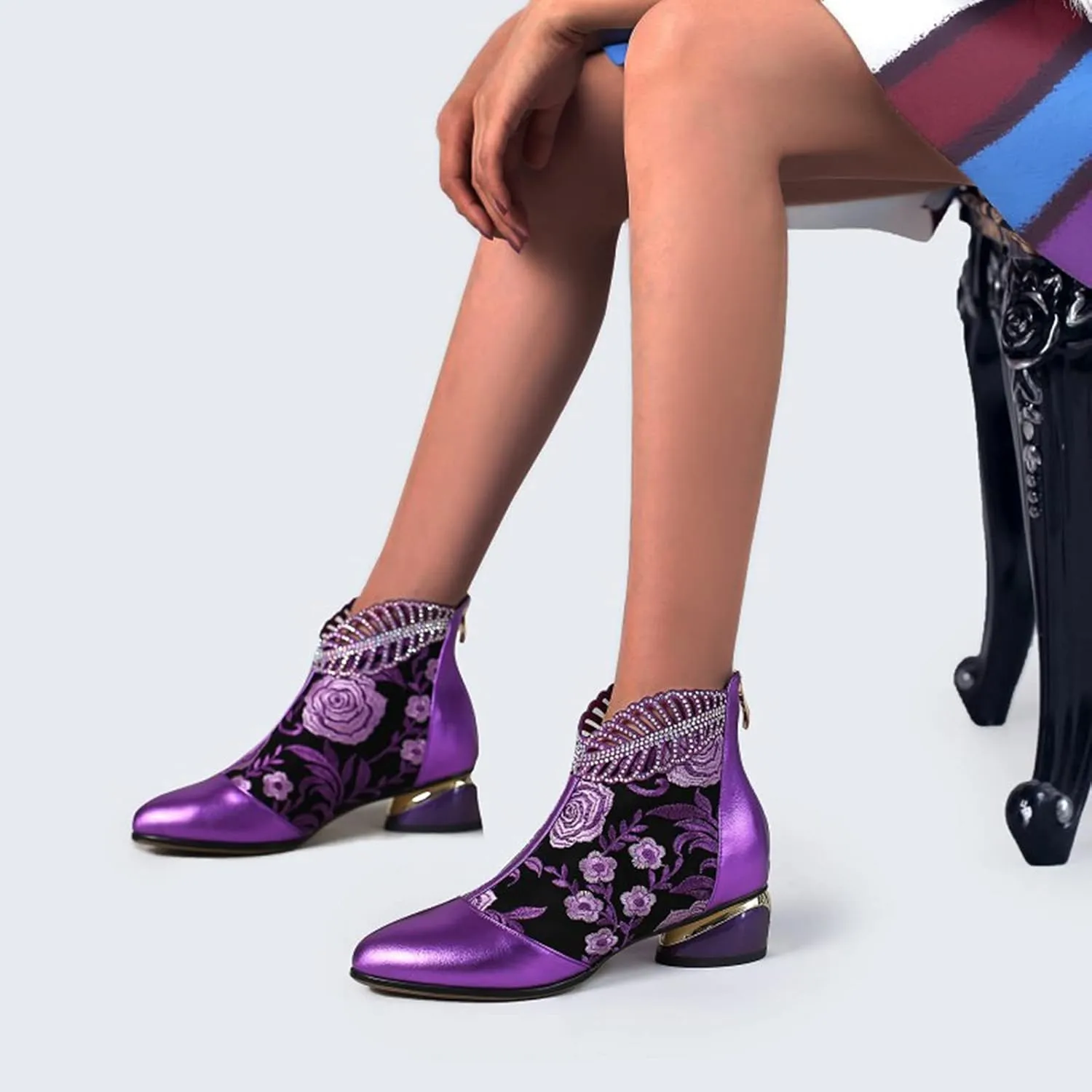 Hbeylia Rhinestones Dress Booties For Women Vintage Ethnic Glitter Crystal Leaf Flower Embroidered Chunky Low Heel Ankle Boots Zip Up Boho Retro Mid Calf Dressy Boots For Ladies Dancer Wedding Party
