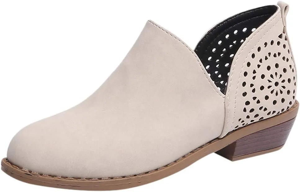 Hbeylia Women's Boots Vintage Fashion V Cut Pointed Toe Chunky Mid Heels Ankle Booties Retro Bohemian Cut Out Short Boots Boho Beach Dress Boots For Women Ladies Vacation Wedding Party