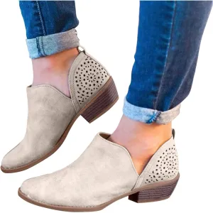 Hbeylia Women's Boots Vintage Fashion V Cut Pointed Toe Chunky Mid Heels Ankle Booties Retro Bohemian Cut Out Short Boots Boho Beach Dress Boots For Women Ladies Vacation Wedding Party