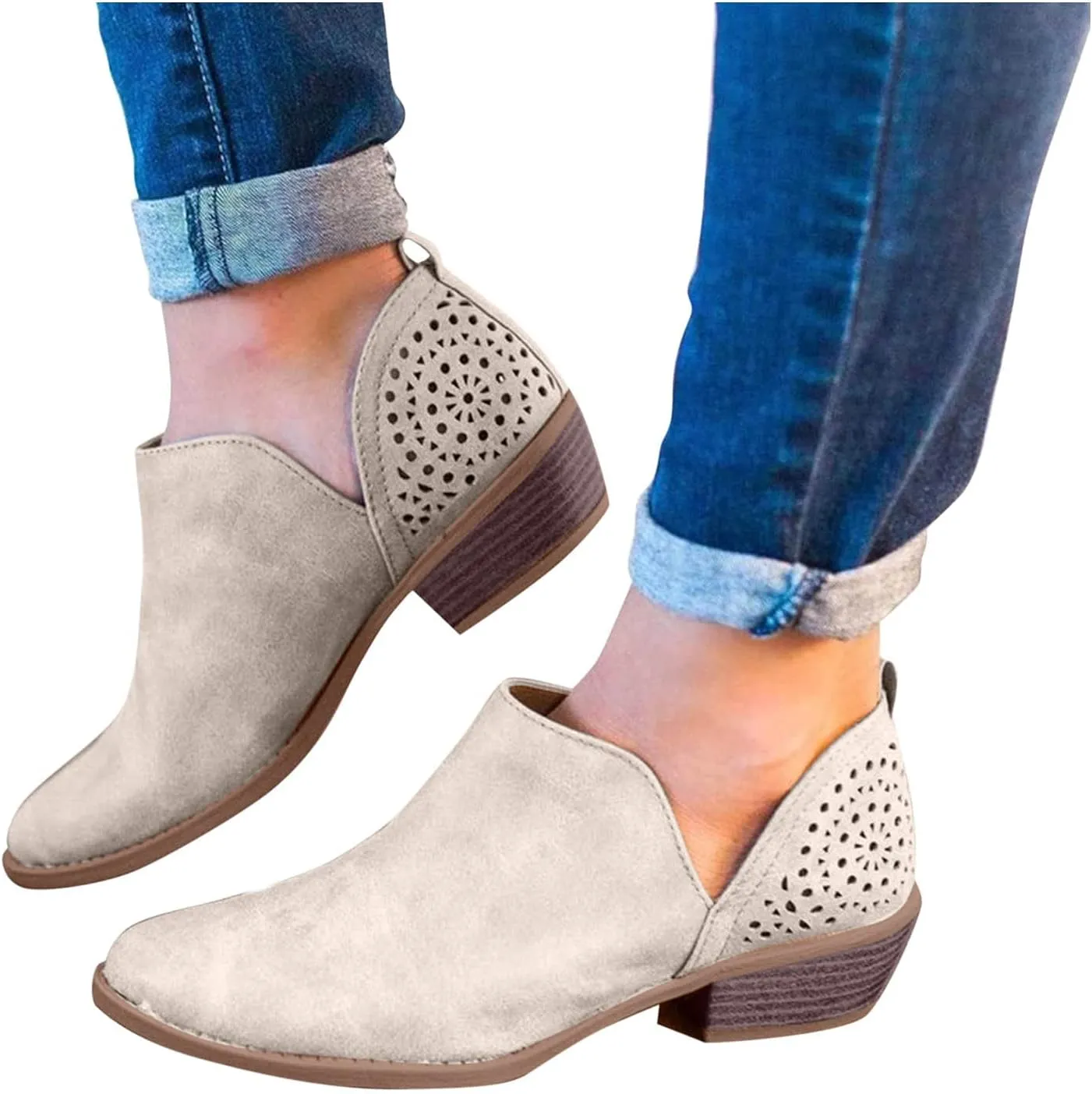 Hbeylia Women's Boots Vintage Fashion V Cut Pointed Toe Chunky Mid Heels Ankle Booties Retro Bohemian Cut Out Short Boots Boho Beach Dress Boots For Women Ladies Vacation Wedding Party