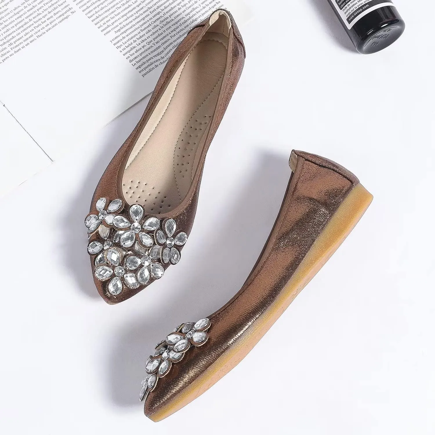Hee grand Women Foldable Ballet Flats Bling Rhinestones Soft Leather Pointy Toe Flats Sparkle Wedding Dress Shoes Comfort Slip on Loafers Big Size