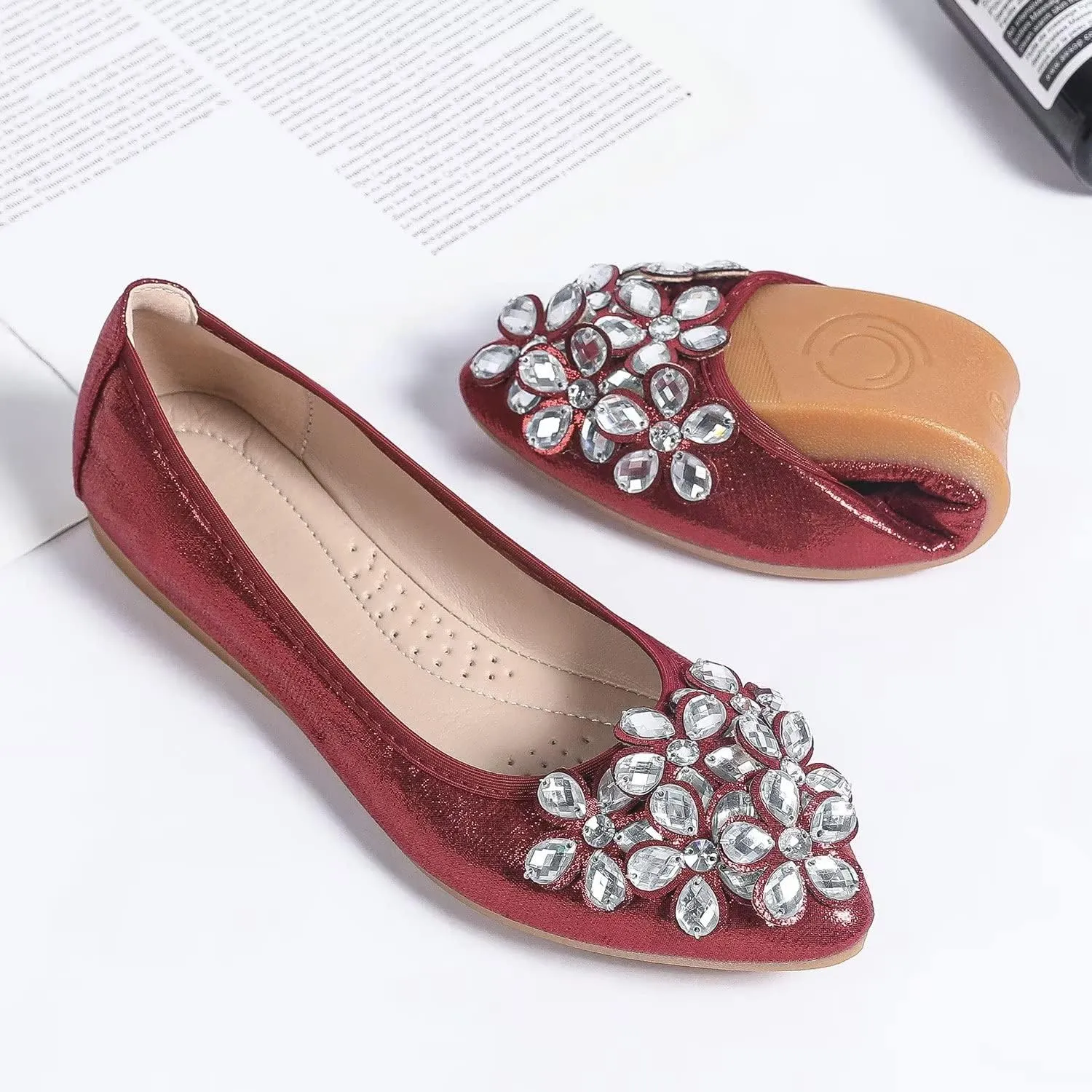 Hee grand Women Foldable Ballet Flats Bling Rhinestones Soft Leather Pointy Toe Flats Sparkle Wedding Dress Shoes Comfort Slip on Loafers Big Size