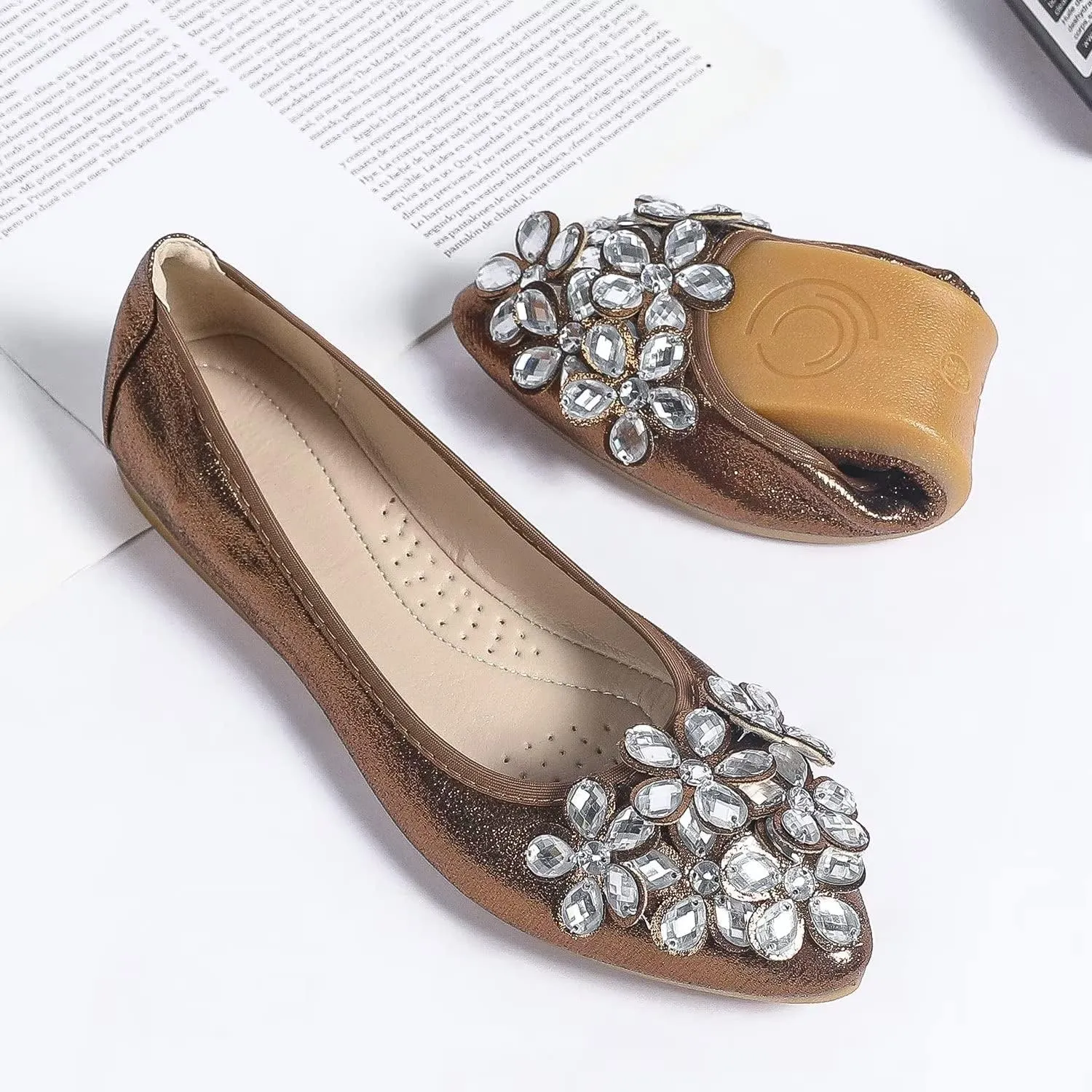 Hee grand Women Foldable Ballet Flats Bling Rhinestones Soft Leather Pointy Toe Flats Sparkle Wedding Dress Shoes Comfort Slip on Loafers Big Size