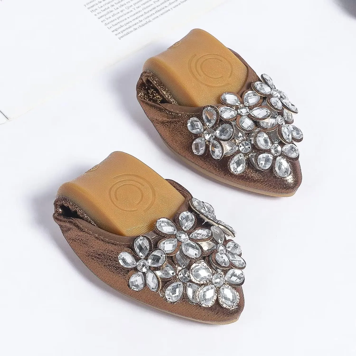 Hee grand Women Foldable Ballet Flats Bling Rhinestones Soft Leather Pointy Toe Flats Sparkle Wedding Dress Shoes Comfort Slip on Loafers Big Size