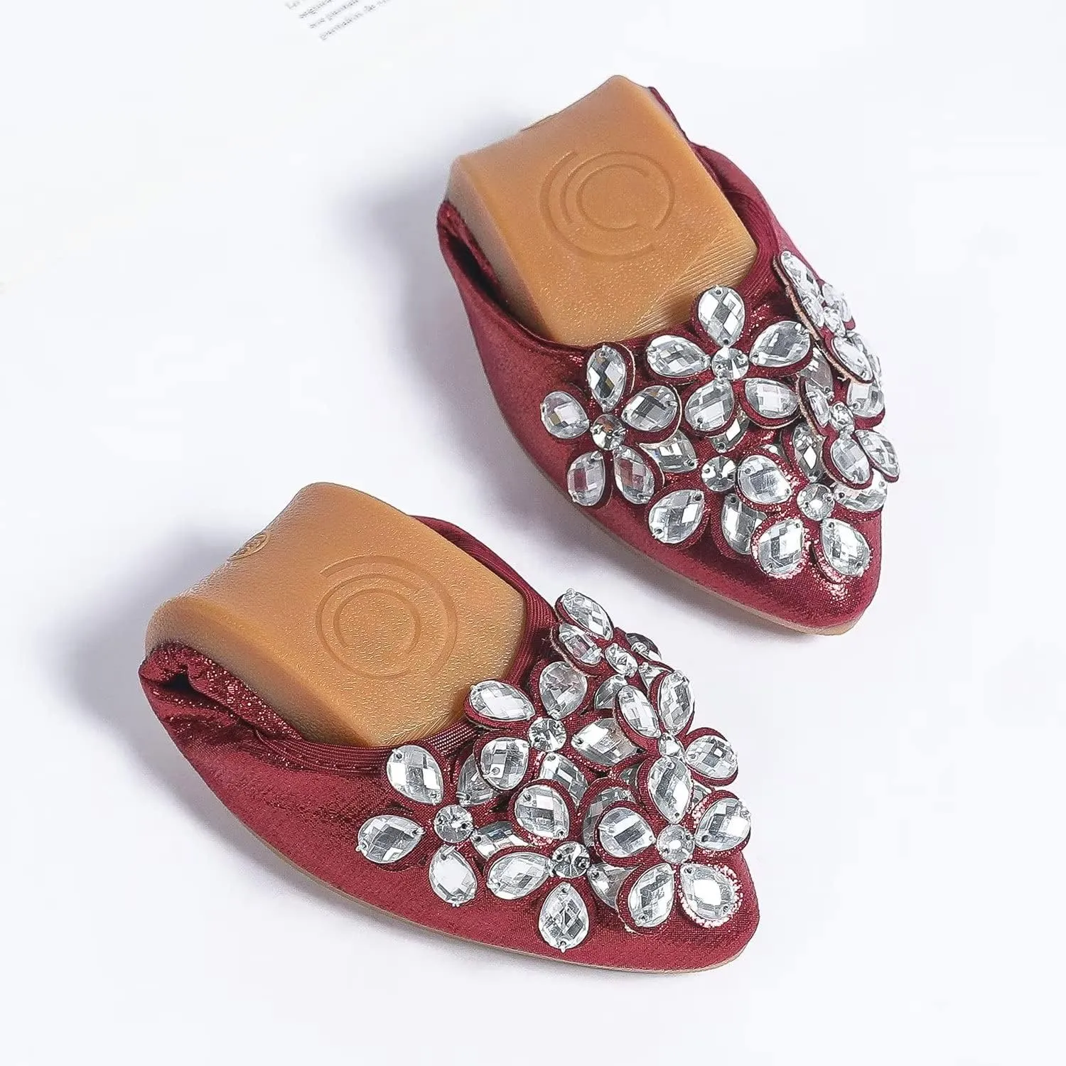 Hee grand Women Foldable Ballet Flats Bling Rhinestones Soft Leather Pointy Toe Flats Sparkle Wedding Dress Shoes Comfort Slip on Loafers Big Size