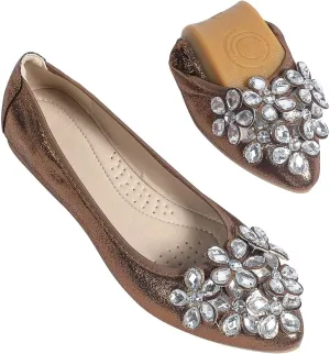 Hee grand Women Foldable Ballet Flats Bling Rhinestones Soft Leather Pointy Toe Flats Sparkle Wedding Dress Shoes Comfort Slip on Loafers Big Size