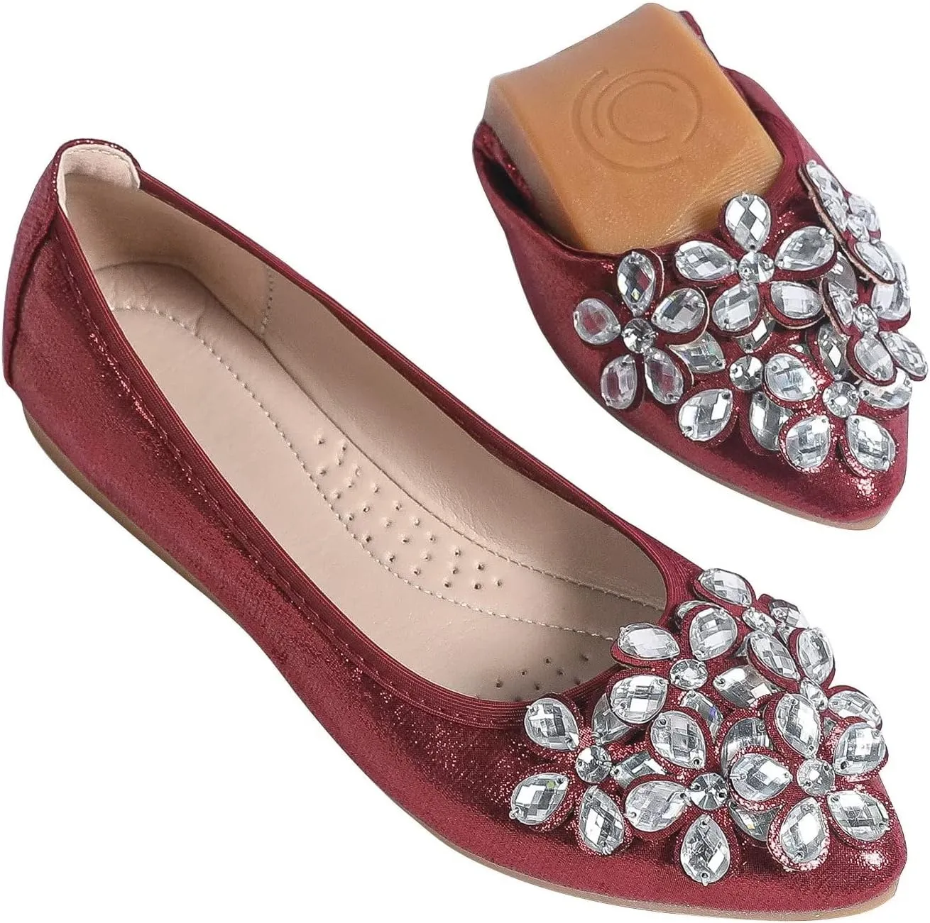 Hee grand Women Foldable Ballet Flats Bling Rhinestones Soft Leather Pointy Toe Flats Sparkle Wedding Dress Shoes Comfort Slip on Loafers Big Size