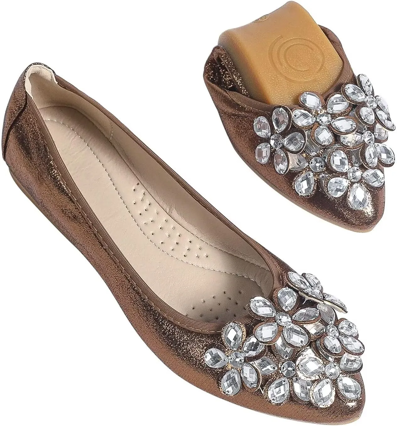 Hee grand Women Foldable Ballet Flats Bling Rhinestones Soft Leather Pointy Toe Flats Sparkle Wedding Dress Shoes Comfort Slip on Loafers Big Size