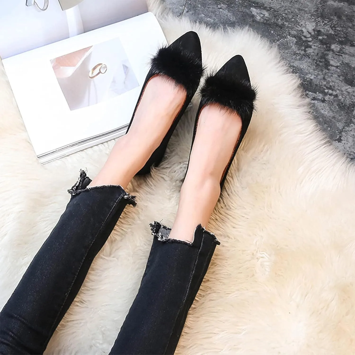 Hee grand Women's Cute Pom Pom Casual Flats Pointed Toe Slip On Ballet Flats Light Weight Loafers Faux Suede Dress Shoes