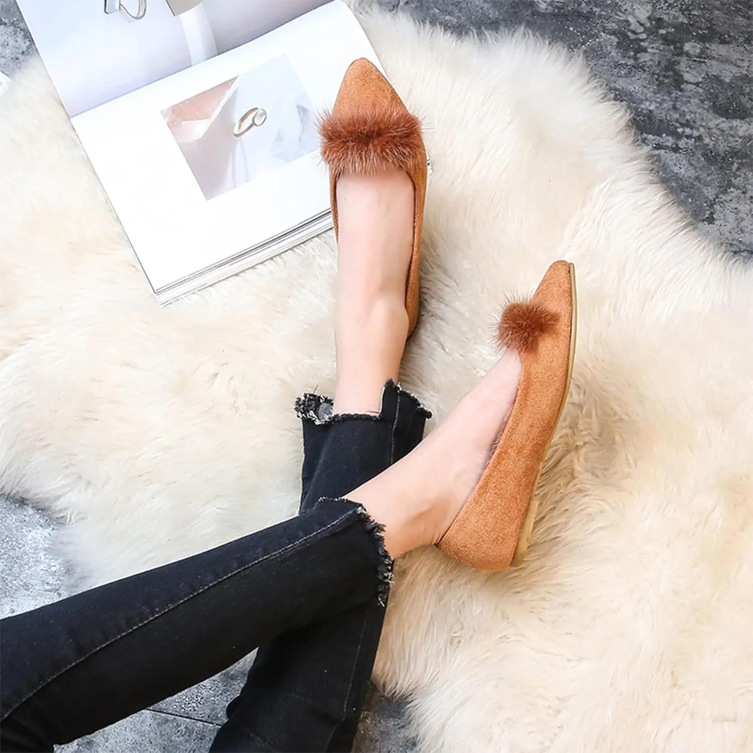 Hee grand Women's Cute Pom Pom Casual Flats Pointed Toe Slip On Ballet Flats Light Weight Loafers Faux Suede Dress Shoes