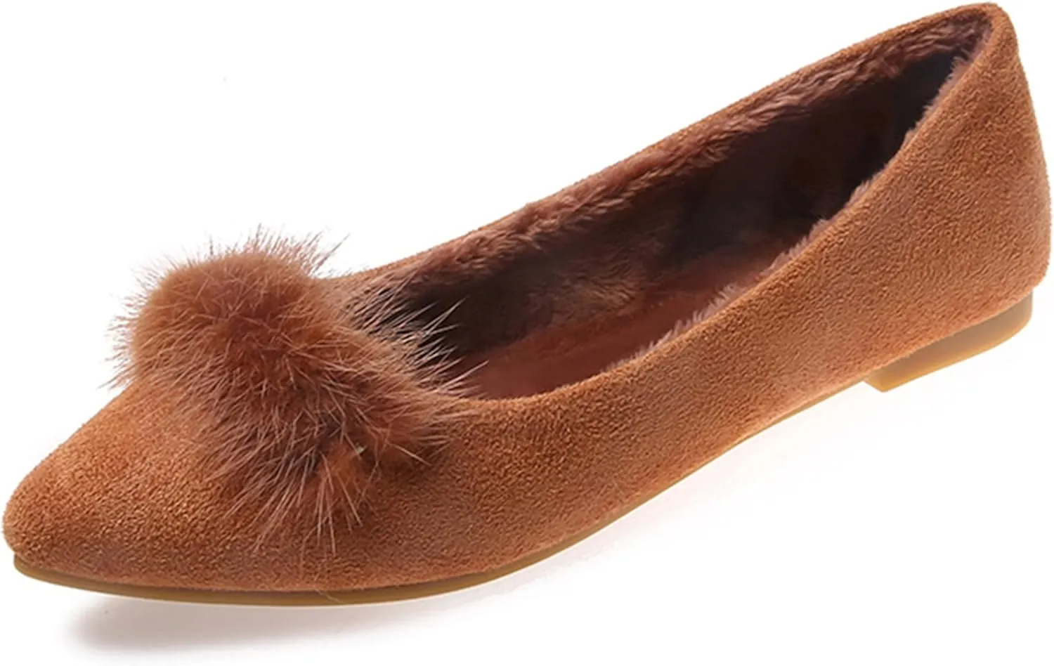 Hee grand Women's Cute Pom Pom Casual Flats Pointed Toe Slip On Ballet Flats Light Weight Loafers Faux Suede Dress Shoes