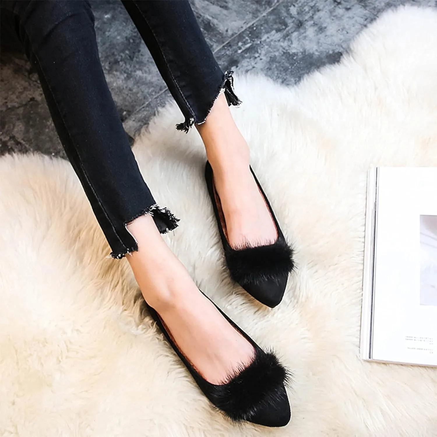 Hee grand Women's Cute Pom Pom Casual Flats Pointed Toe Slip On Ballet Flats Light Weight Loafers Faux Suede Dress Shoes