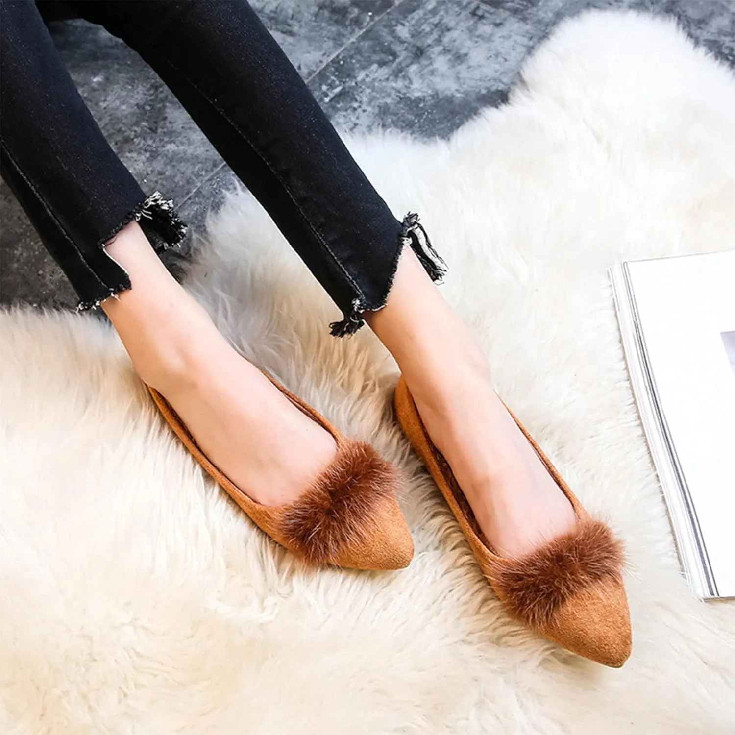 Hee grand Women's Cute Pom Pom Casual Flats Pointed Toe Slip On Ballet Flats Light Weight Loafers Faux Suede Dress Shoes