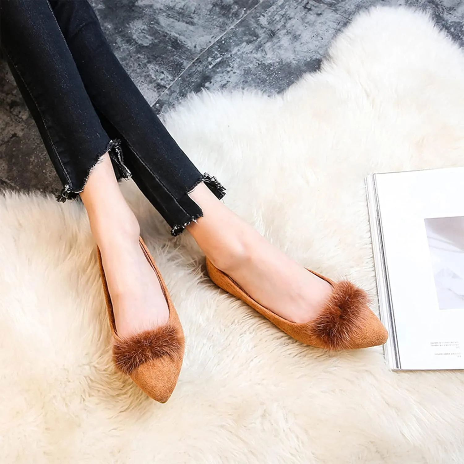 Hee grand Women's Cute Pom Pom Casual Flats Pointed Toe Slip On Ballet Flats Light Weight Loafers Faux Suede Dress Shoes