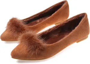 Hee grand Women's Cute Pom Pom Casual Flats Pointed Toe Slip On Ballet Flats Light Weight Loafers Faux Suede Dress Shoes