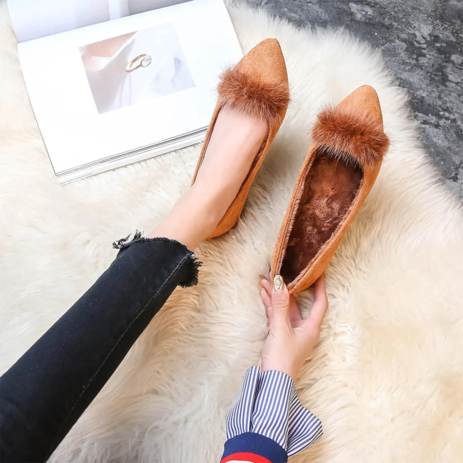 Hee grand Women's Cute Pom Pom Casual Flats Pointed Toe Slip On Ballet Flats Light Weight Loafers Faux Suede Dress Shoes