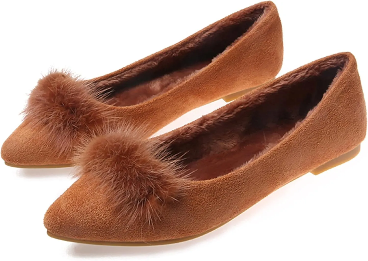 Hee grand Women's Cute Pom Pom Casual Flats Pointed Toe Slip On Ballet Flats Light Weight Loafers Faux Suede Dress Shoes