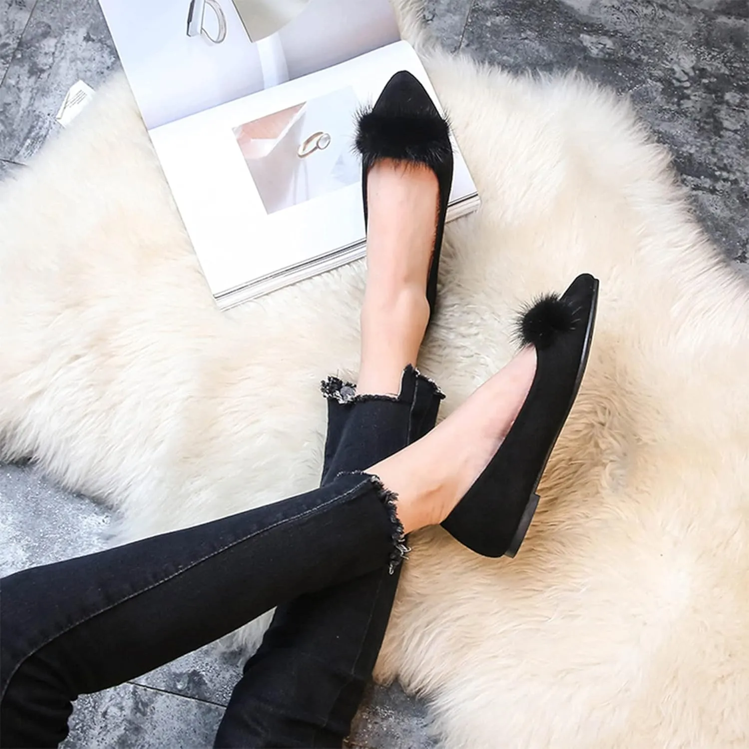 Hee grand Women's Cute Pom Pom Casual Flats Pointed Toe Slip On Ballet Flats Light Weight Loafers Faux Suede Dress Shoes