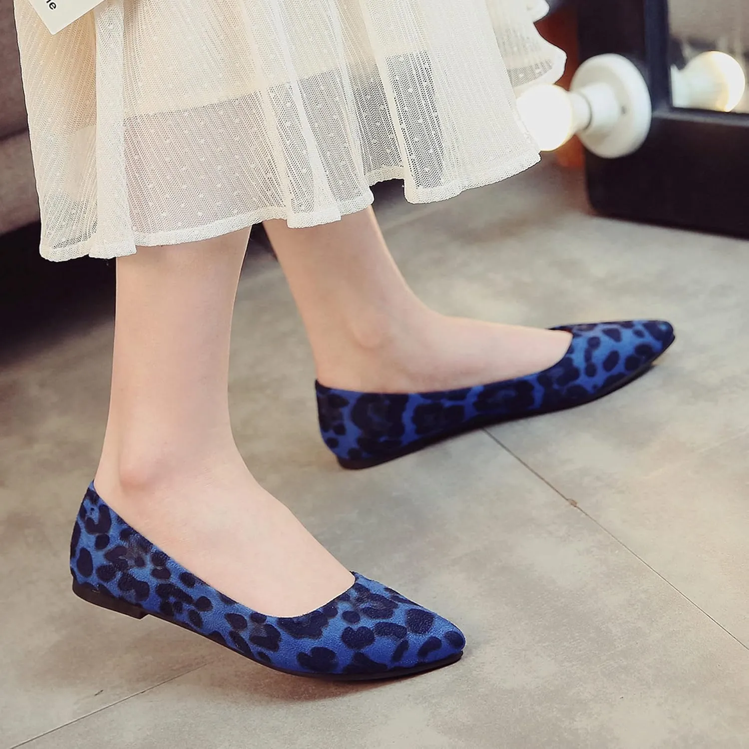 Hee grand Women's Leopard Suede Ballet Flats Pointy Toe Shallow Slip on Loafers Comfortable Walking Shoes Fashion Christmas Dress Shoes